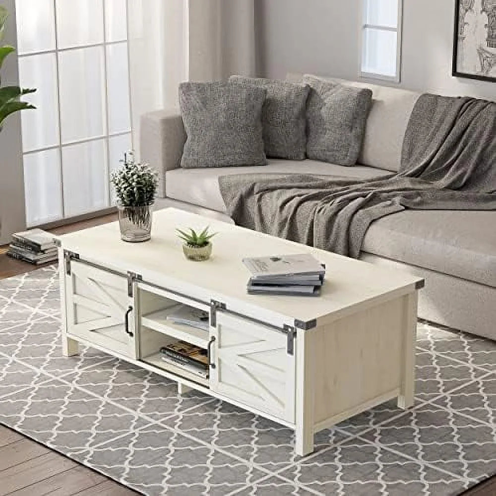 Farmhouse Coffee Table with Hidden Compartment and Cabinets Shelves Wood Rectangular Tables with Sliding Barn Doors for Living Room Reception (Wash White) U427
