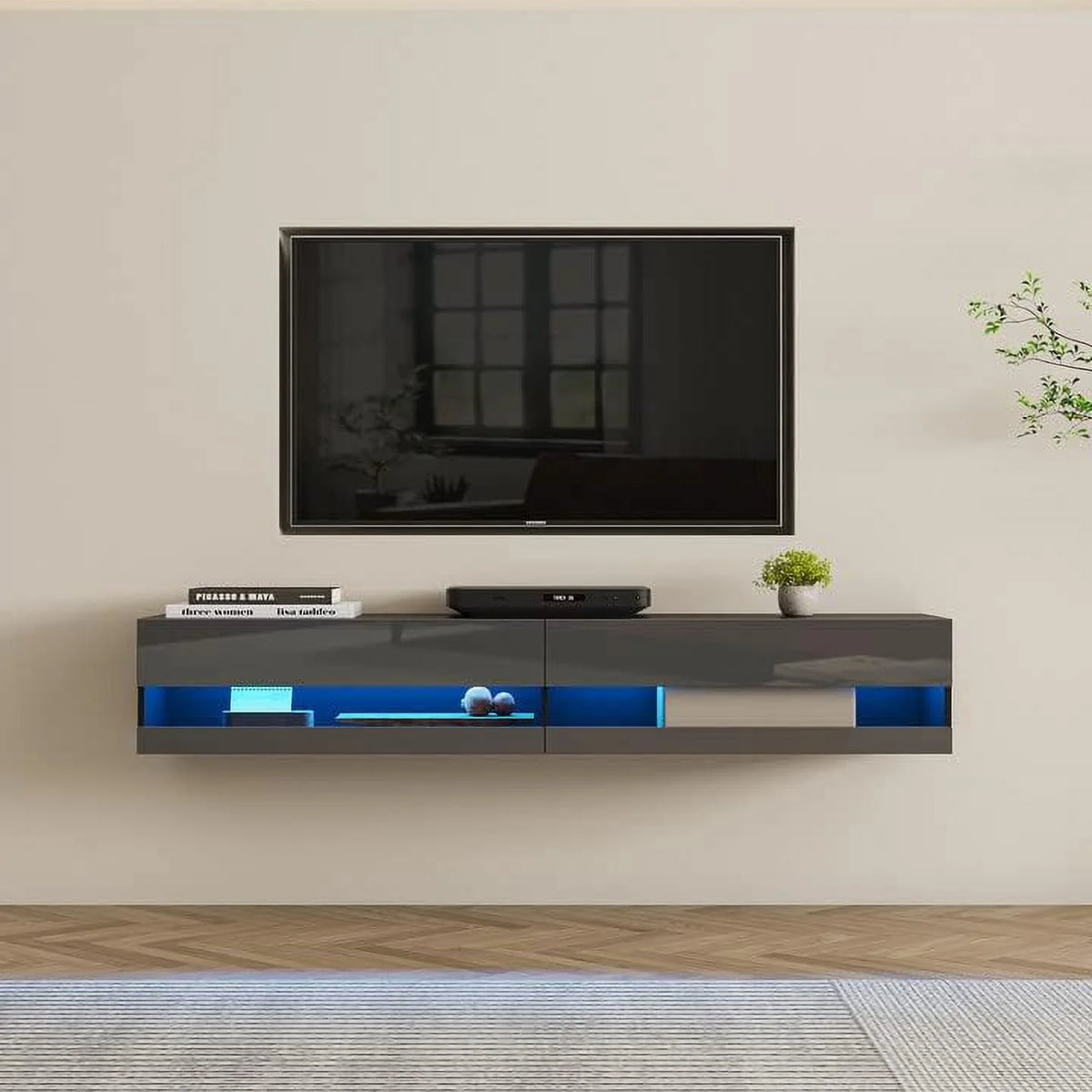 79" Floating TV Stand with 16 Color LEDs 2 Drawers G6832