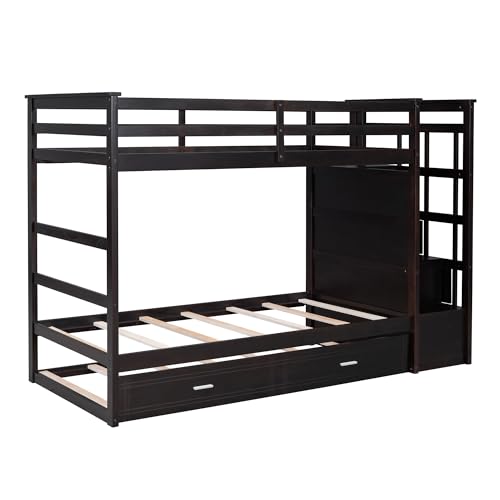Full Over Full Wood Bunk Bed with Twin Trundle and Stairs, Espresso S7265