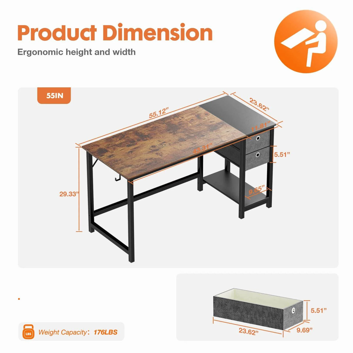 Black Rustic 55In Writing Desk with 2-Tier Drawers O206
