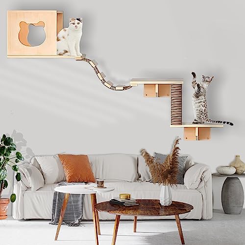 Solid Wood Wall Mounted Cat Shelves and Perches with 4 Cat Condos, 8 Shelves, 2 Ladder, 3 Sisal Cat Scratching Post R947936
