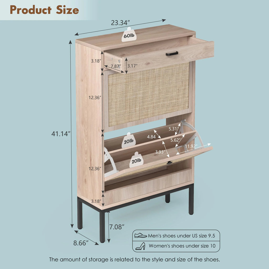 Shoe Storage Cabinet with Flip Drawers and Rattan Doors B337