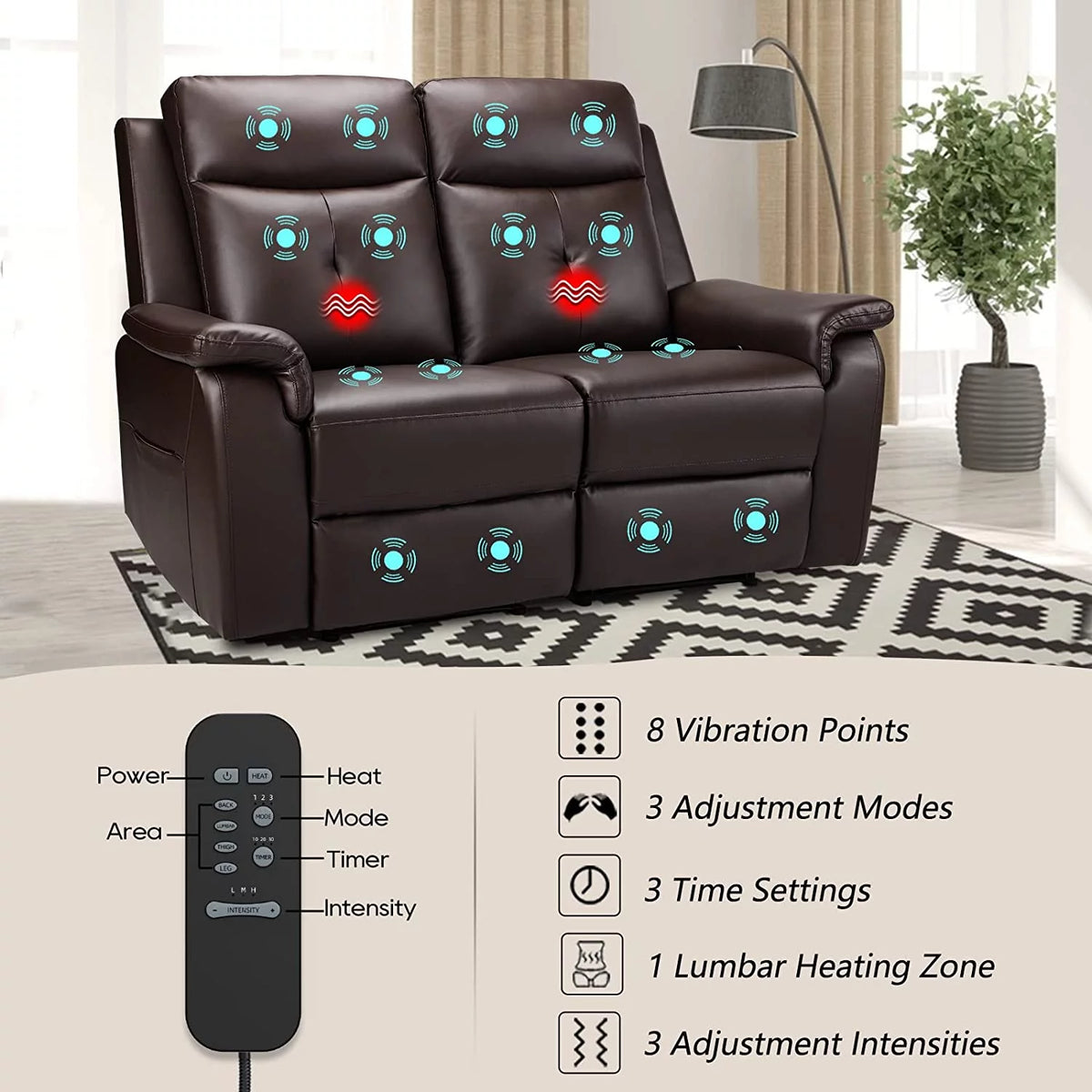 Brown PU Leather Reclining Sofa with Massage & Heating F971611