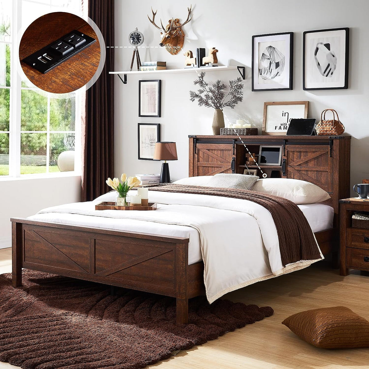 Full Platform Bed with Bookcase Headboard Storage and Charging Station X379780