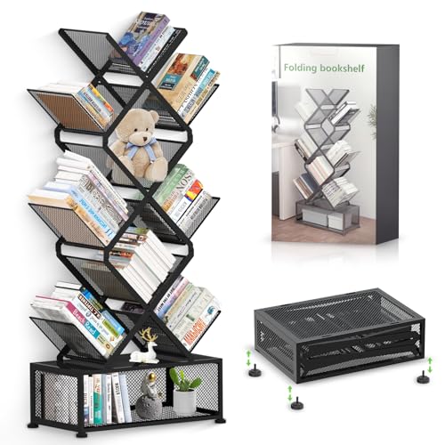 Black 9 Tier Folding Tree Bookshelf with Storage Cabinet Z4652