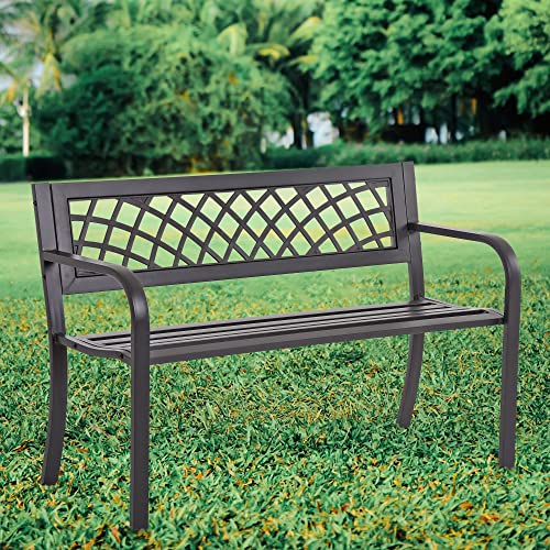 Metal Outdoor Bench with Plastic Mesh Backrest and Armrests Black B2397