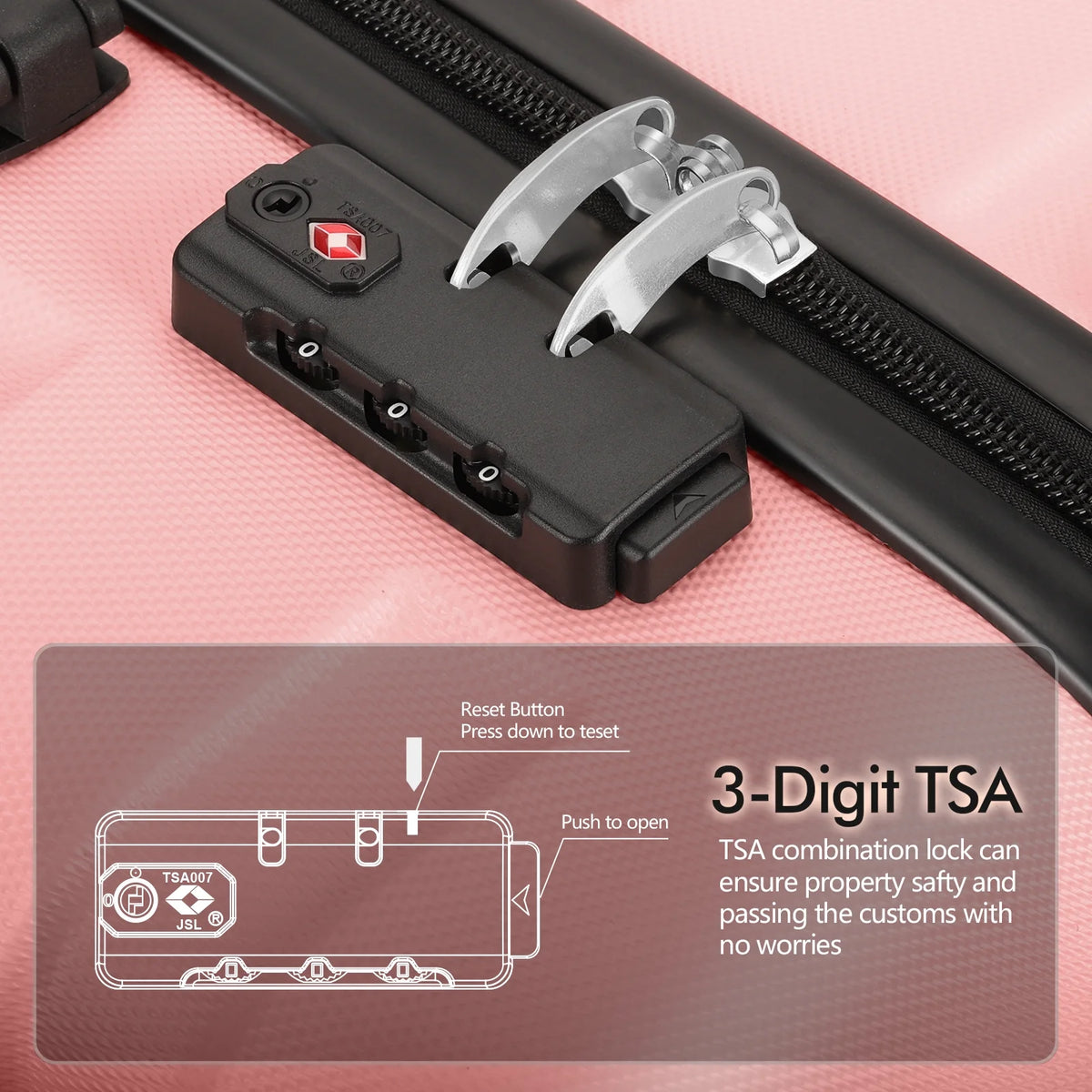 3PCS PC+ABS Hardside Lightweight Luggage Set with TSA Lock Pink E689485