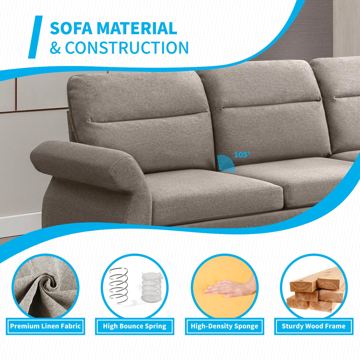 Beige 3 Seat L-Shape Sectional Sofa with Ottoman G82117