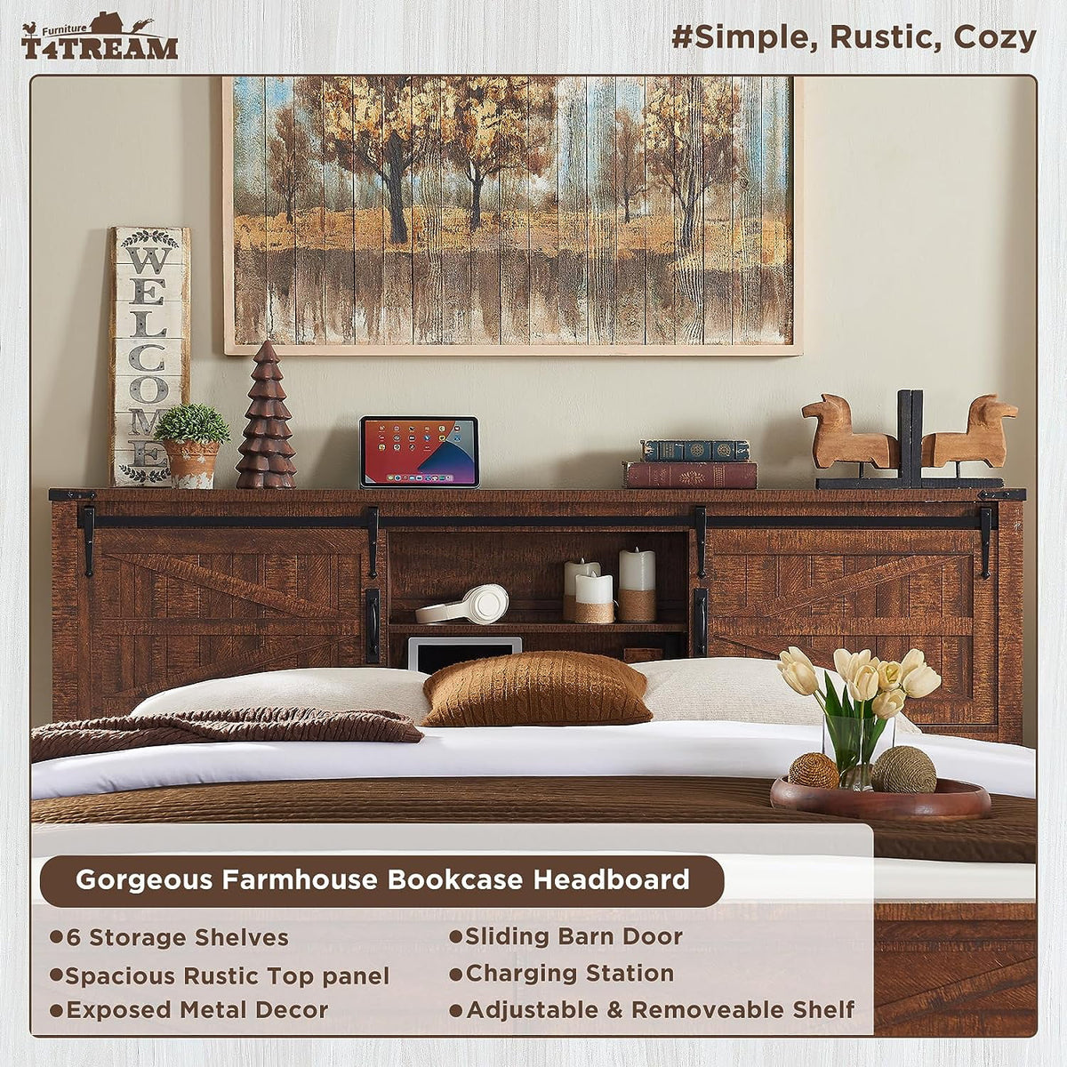 Full Platform Bed with Bookcase Headboard Storage and Charging Station X379780