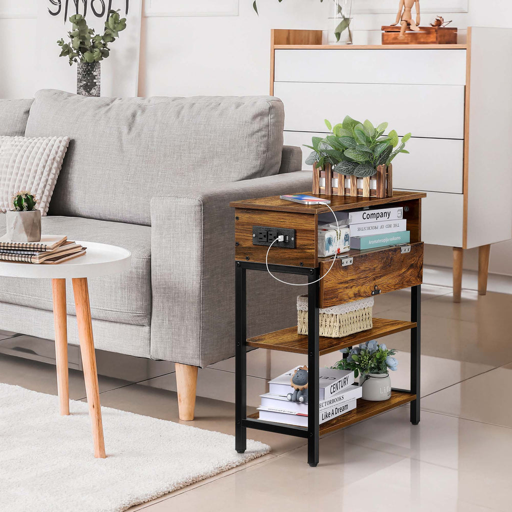 Brown Narrow End Table with Charging Station and Storage Shelf Y84273