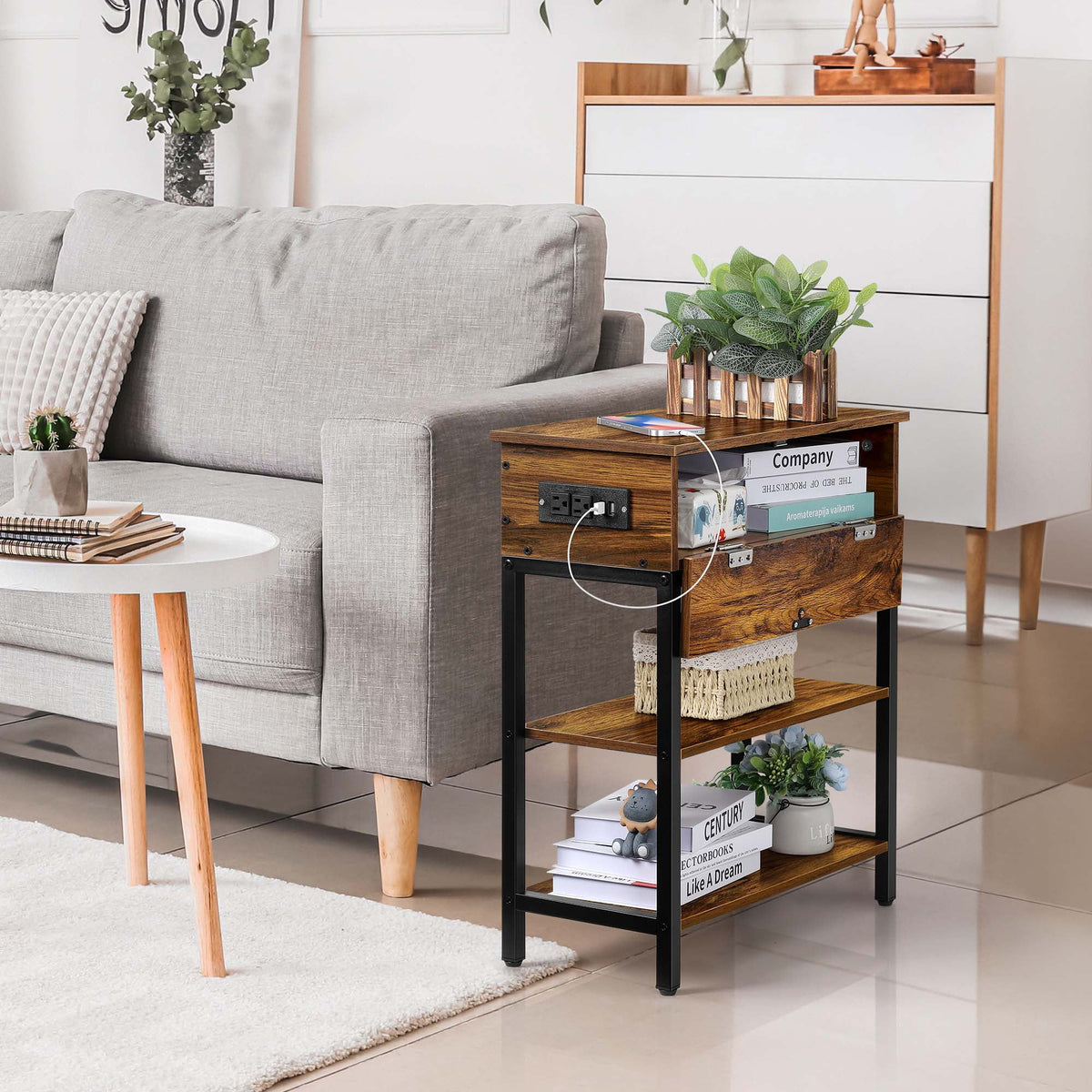 Brown Narrow End Table with Charging Station and Storage Shelf Y84273
