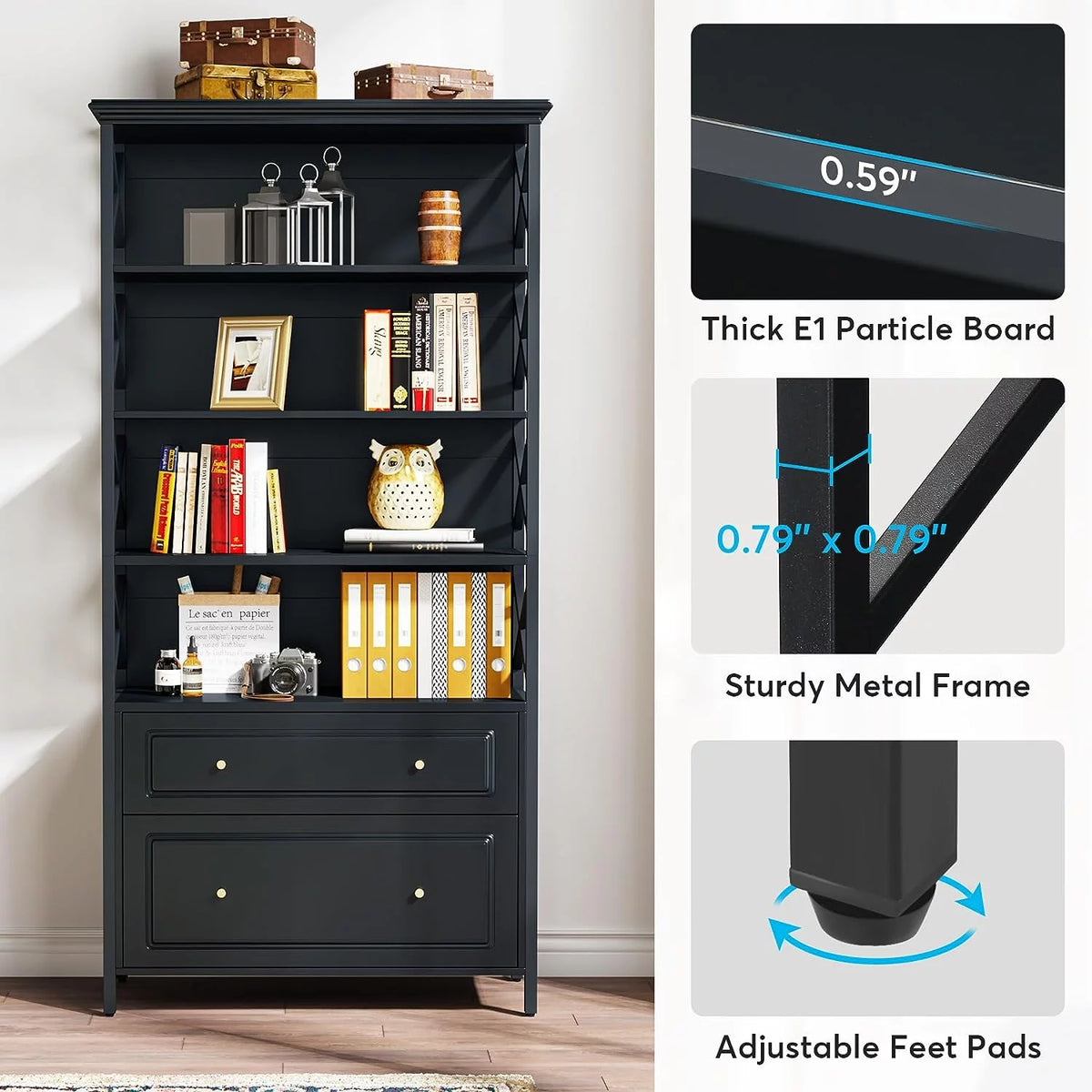 Black 5 Tier Bookshelf with 2 Drawers X7009