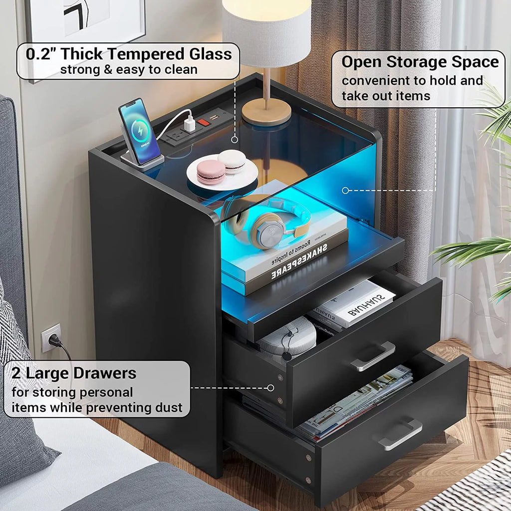 Black Set of 2 LED Nightstand with Charging Station P468423