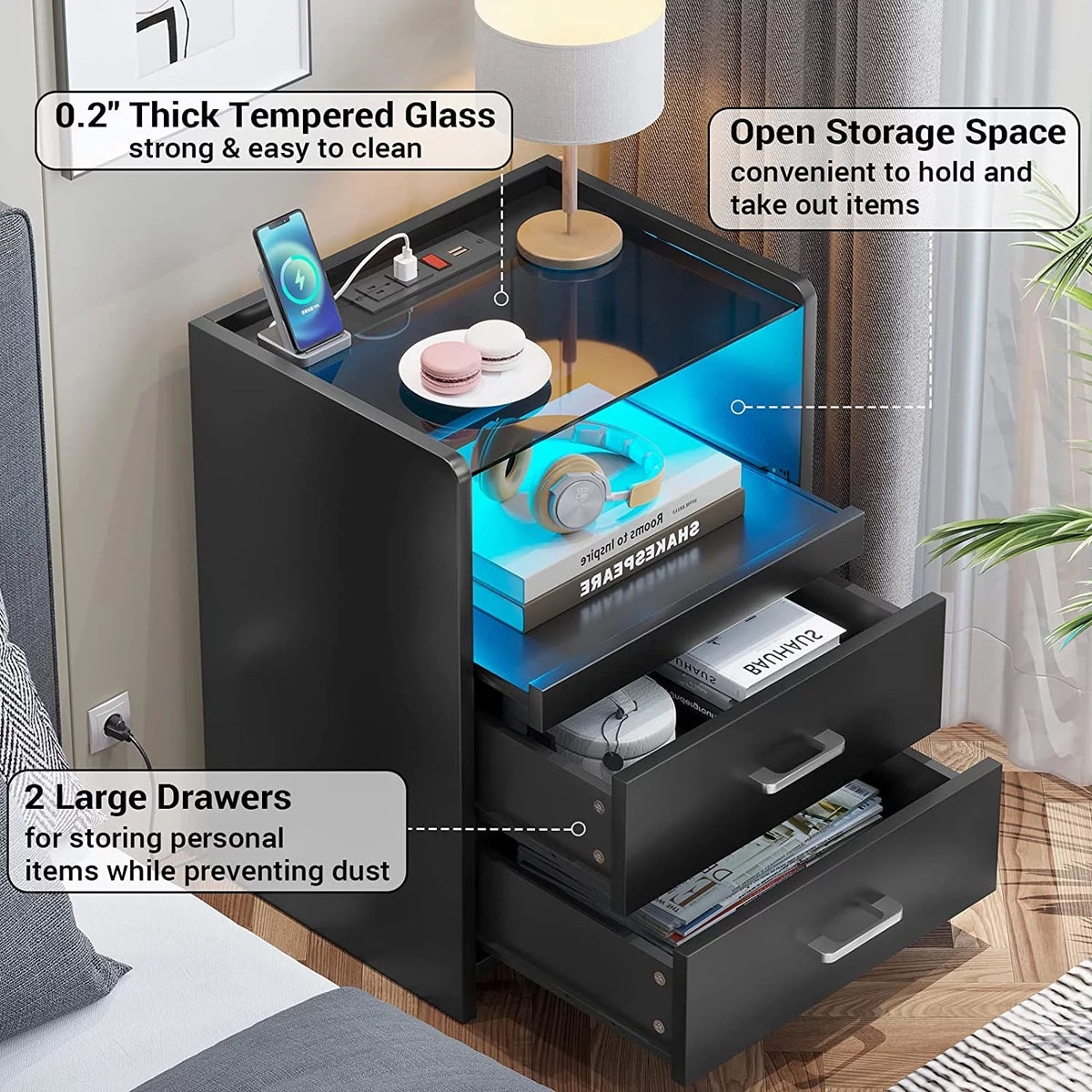 Black Set of 2 LED Nightstand with Charging Station P468423