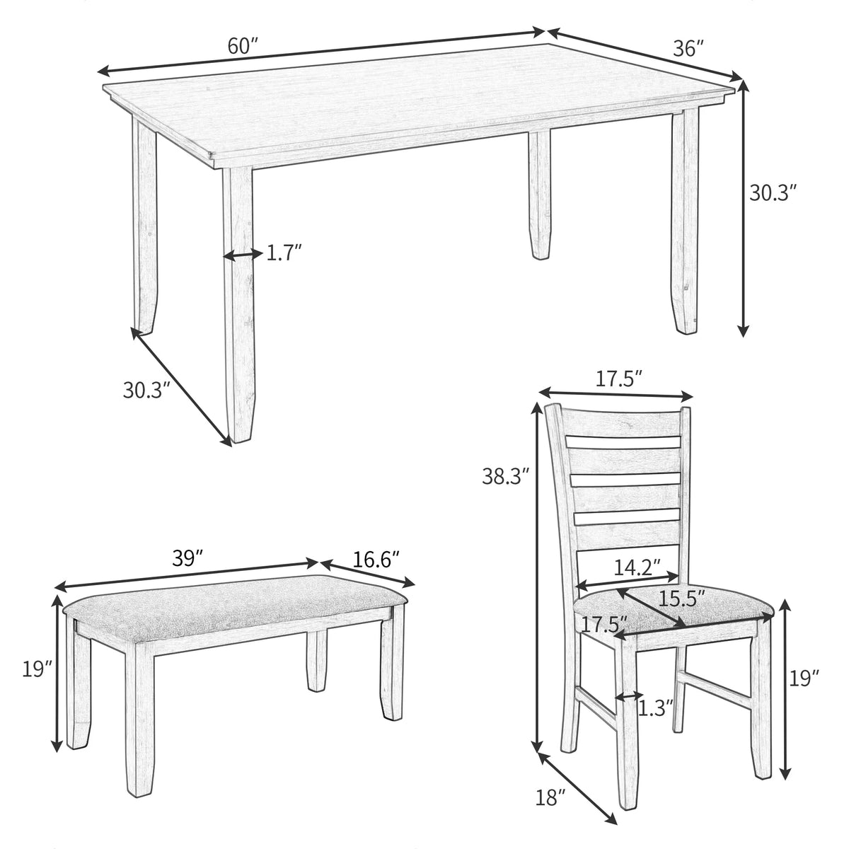6 Piece Wooden Dining Set with Table, Bench & 4 Chairs V58930