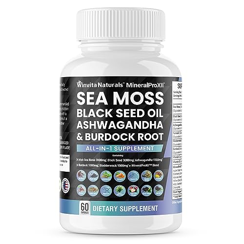 Sea Moss Black Seed Oil Ashwagandha Turmeric Bladderwrack Burdock Vitamin C & D3 Vegan Caps E505361