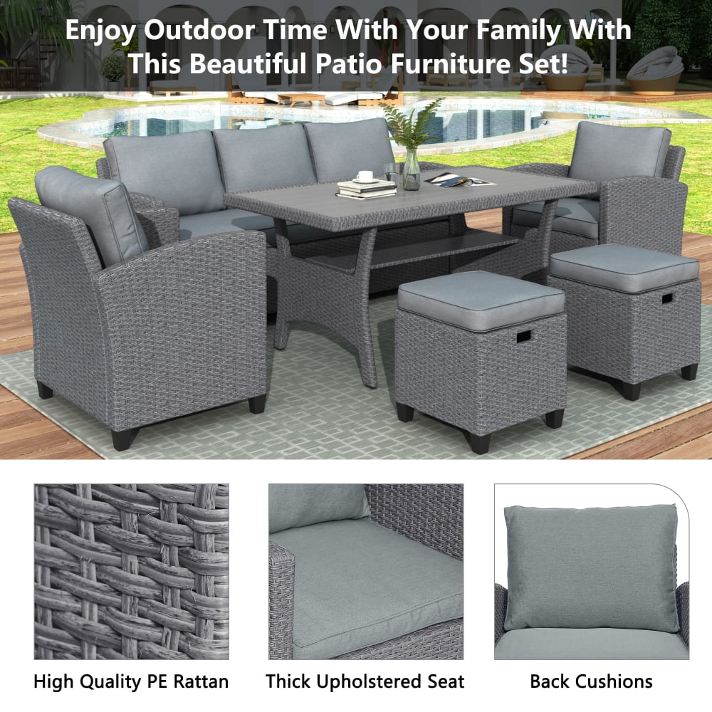 6-Piece Outdoor Rattan Wicker Sofa Chair Stools and Table L34380