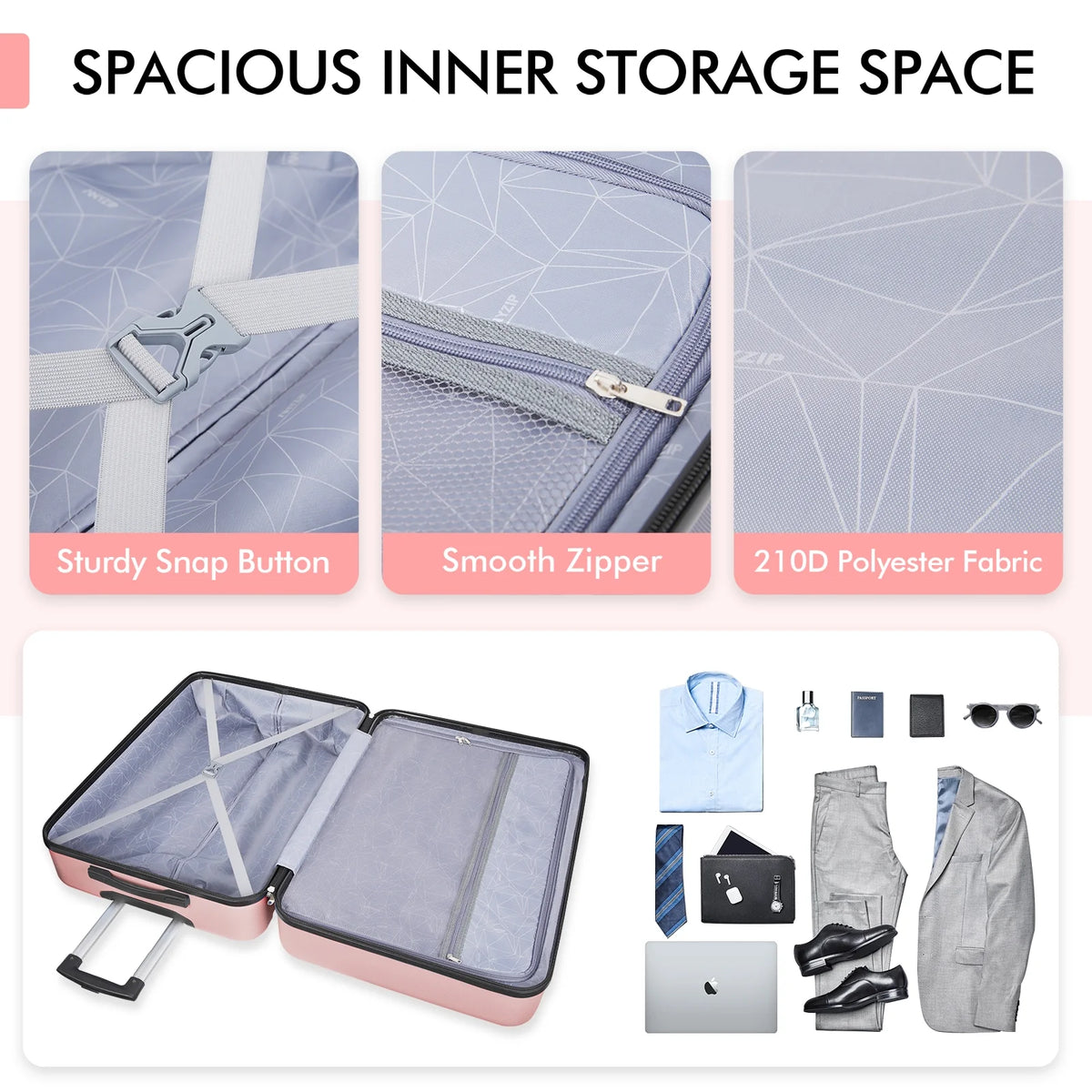 3PCS PC+ABS Hardside Lightweight Luggage Set with TSA Lock Pink E689485