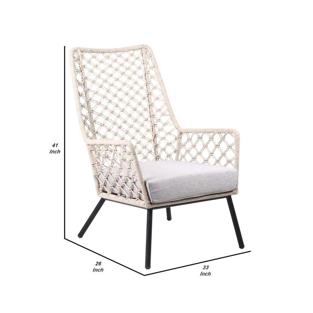 Indoor Outdoor Lounge Chair with Woven Lattice Back, Beige T1579