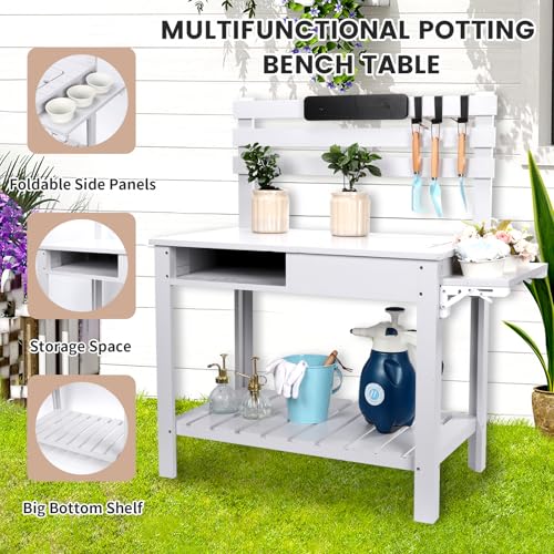 Wooden Potting Bench Table with 3 Side Hook Shelf U38802
