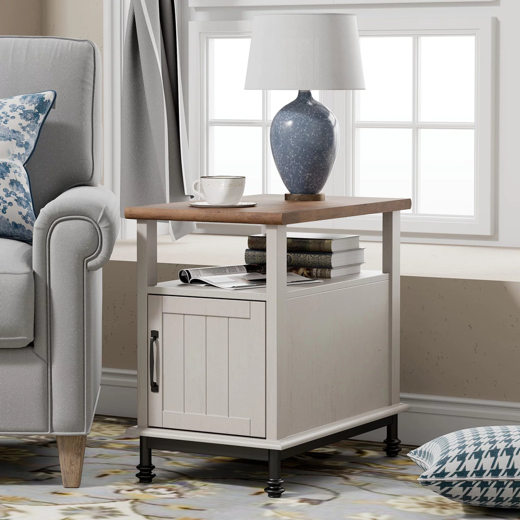 White Oak Side Table with Charging Station and Drawer N894