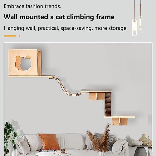 Solid Wood Wall Mounted Cat Shelves and Perches with 4 Cat Condos, 8 Shelves, 2 Ladder, 3 Sisal Cat Scratching Post R947936
