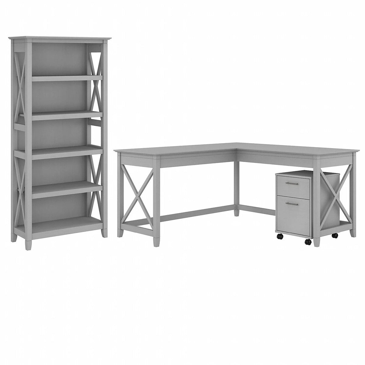 L Shaped Desk with 2 Drawer File Cabinet and 5 Shelf Bookcase Y5603