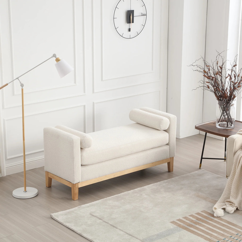 Ivory Upholstered Bench with Wood Legs A6146