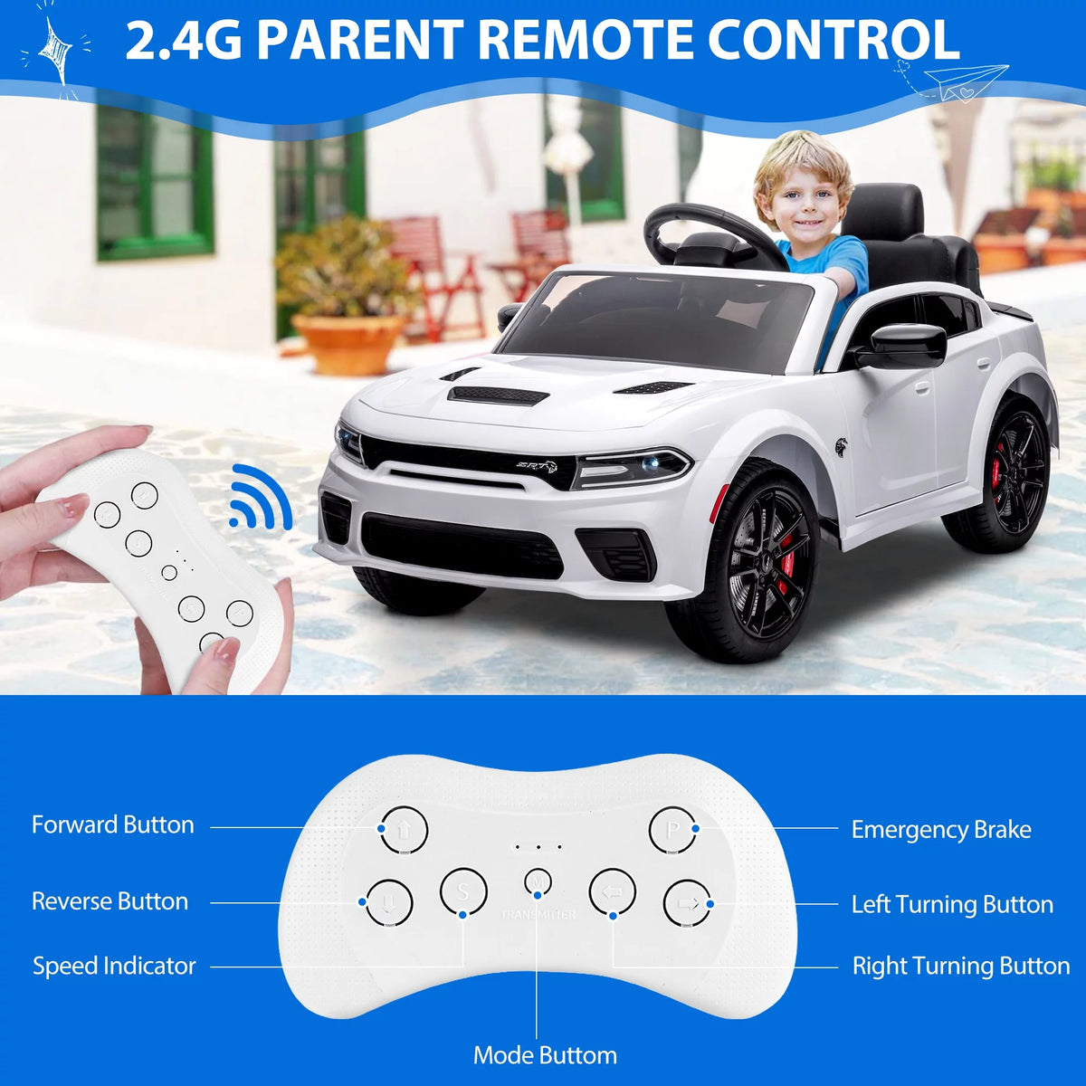 12V White Ride on Car with Remote Control J348336