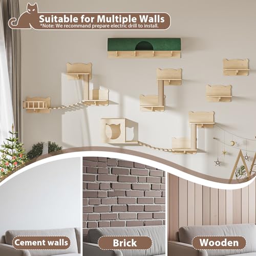 16 Pcs Wooden Cat Wall Shelves with Bed and Scratching Post Y90412