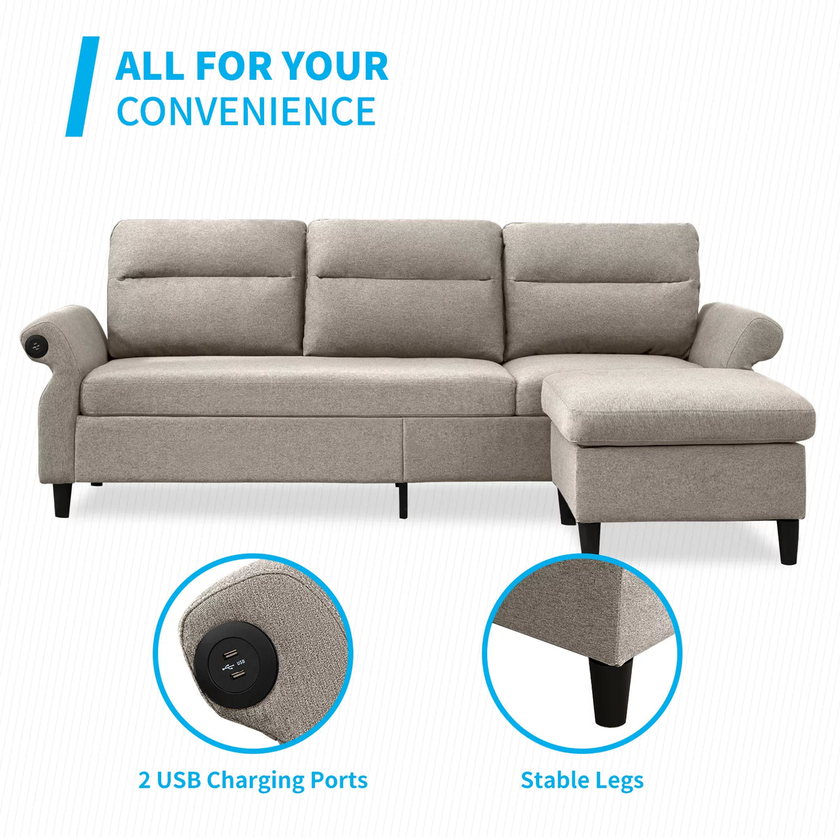 Beige 3 Seat L-Shape Sectional Sofa with Ottoman G82117