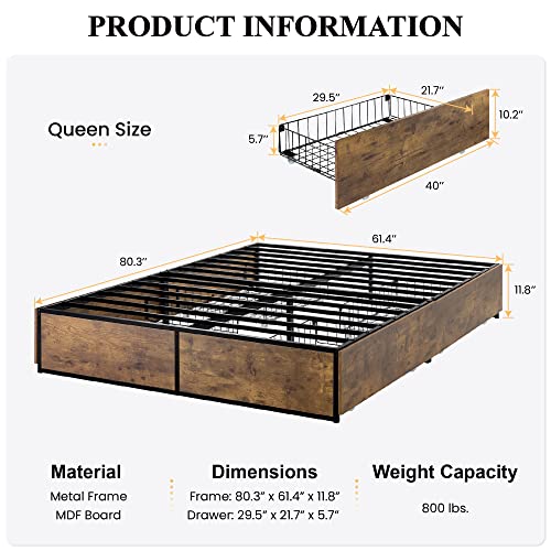 Queen Platform Bed Frame with Storage Drawers J919658