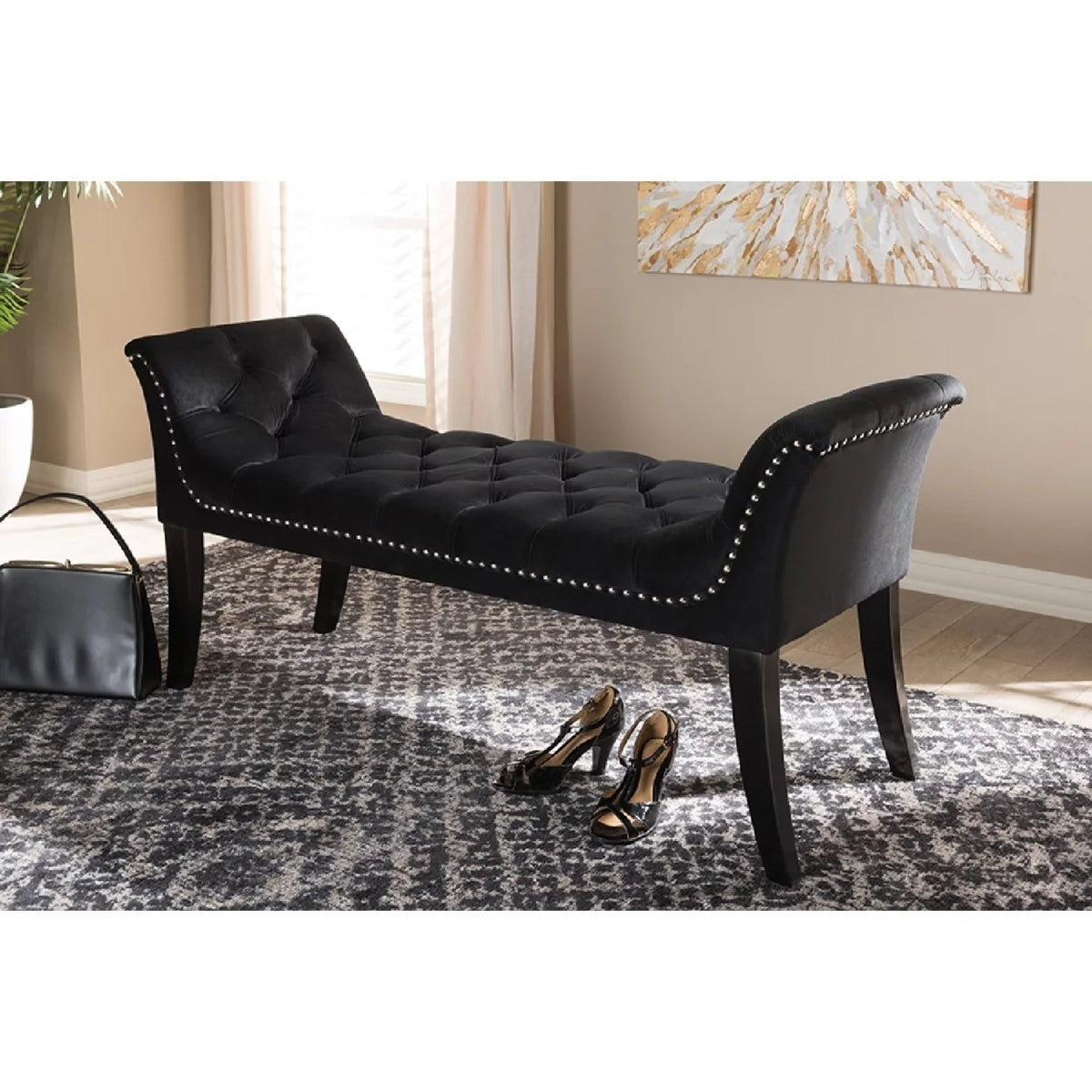 Black Velvet Upholstered Bench W16158
