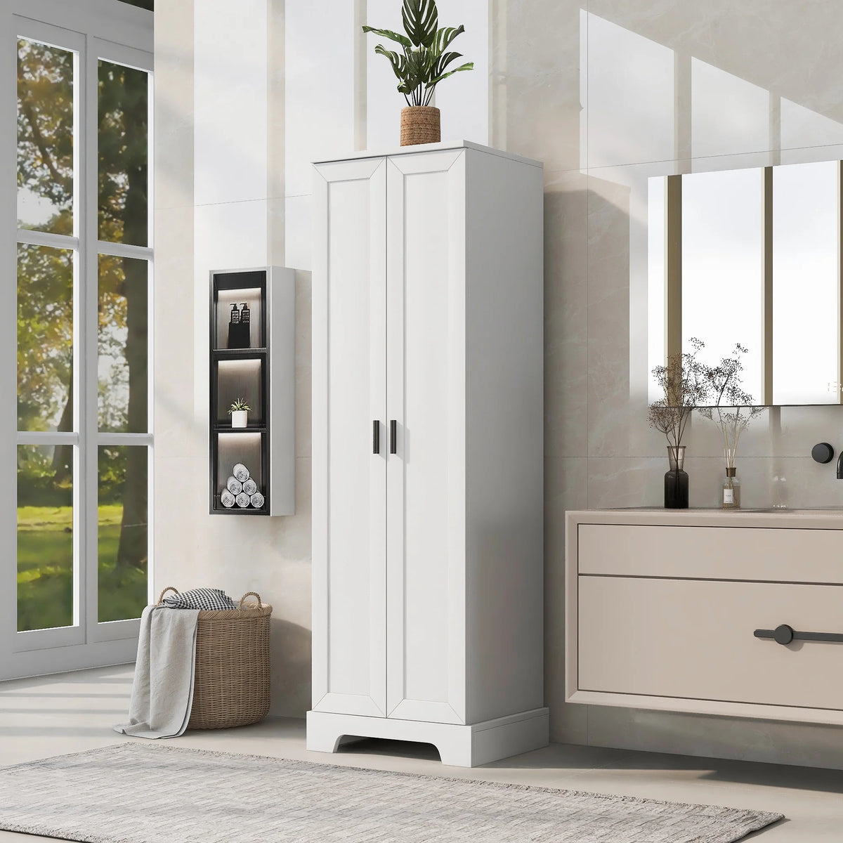 Tall Wood Bathroom Storage Cabinet with Adjustable Shelves J12328