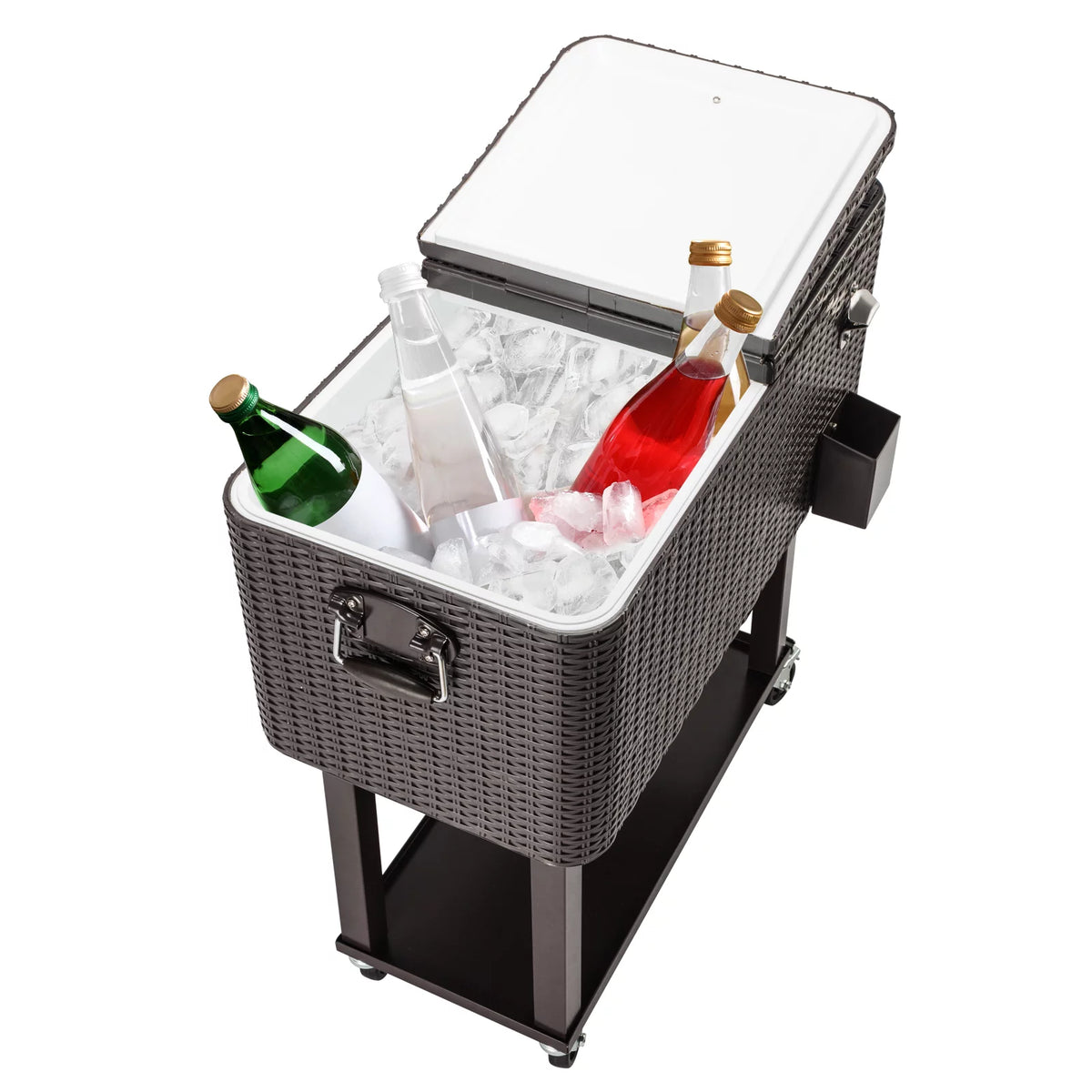 80 Quart Rolling Ice Chest on Wheels, Dark Brown Wicker Beverage Cart D86615