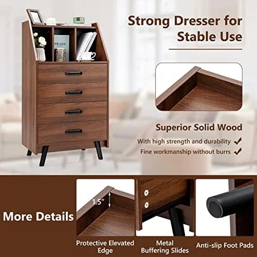 4 Drawer Wood Dresser with Bookshelf E769