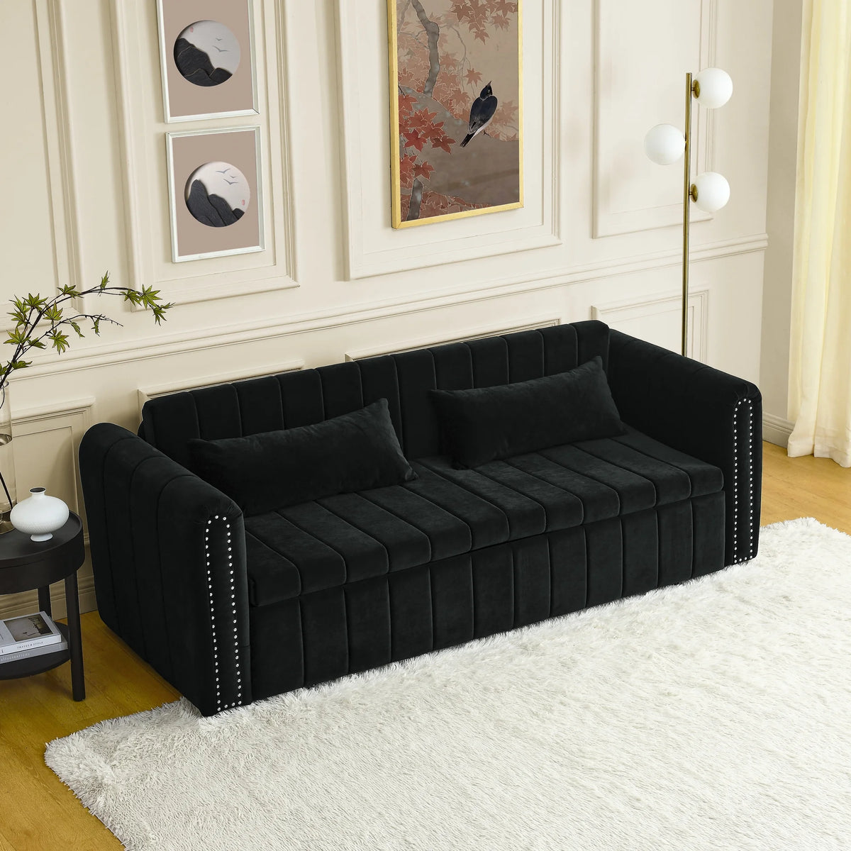 Black 3-in-1 Convertible Sleeper Sofa Bed with Two Drawers and Two Pillows Y47500