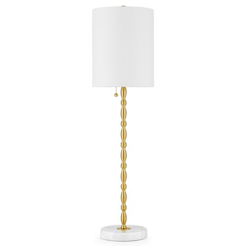 Buffet Lamps Set of 2 Tall Stick Table Lamp Marble Base Linen Shade F9842