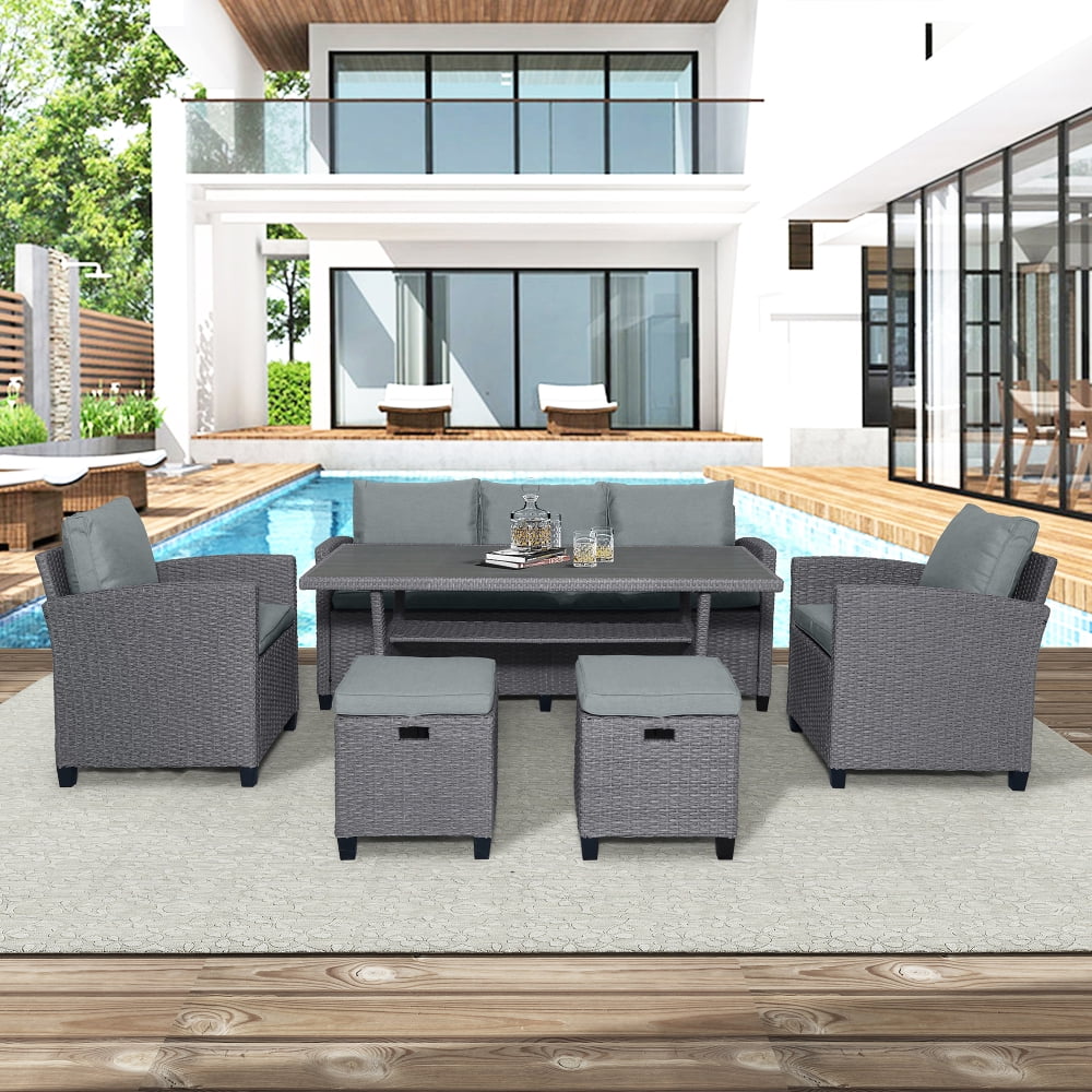 6-Piece Outdoor Rattan Wicker Sofa Chair Stools and Table L34380