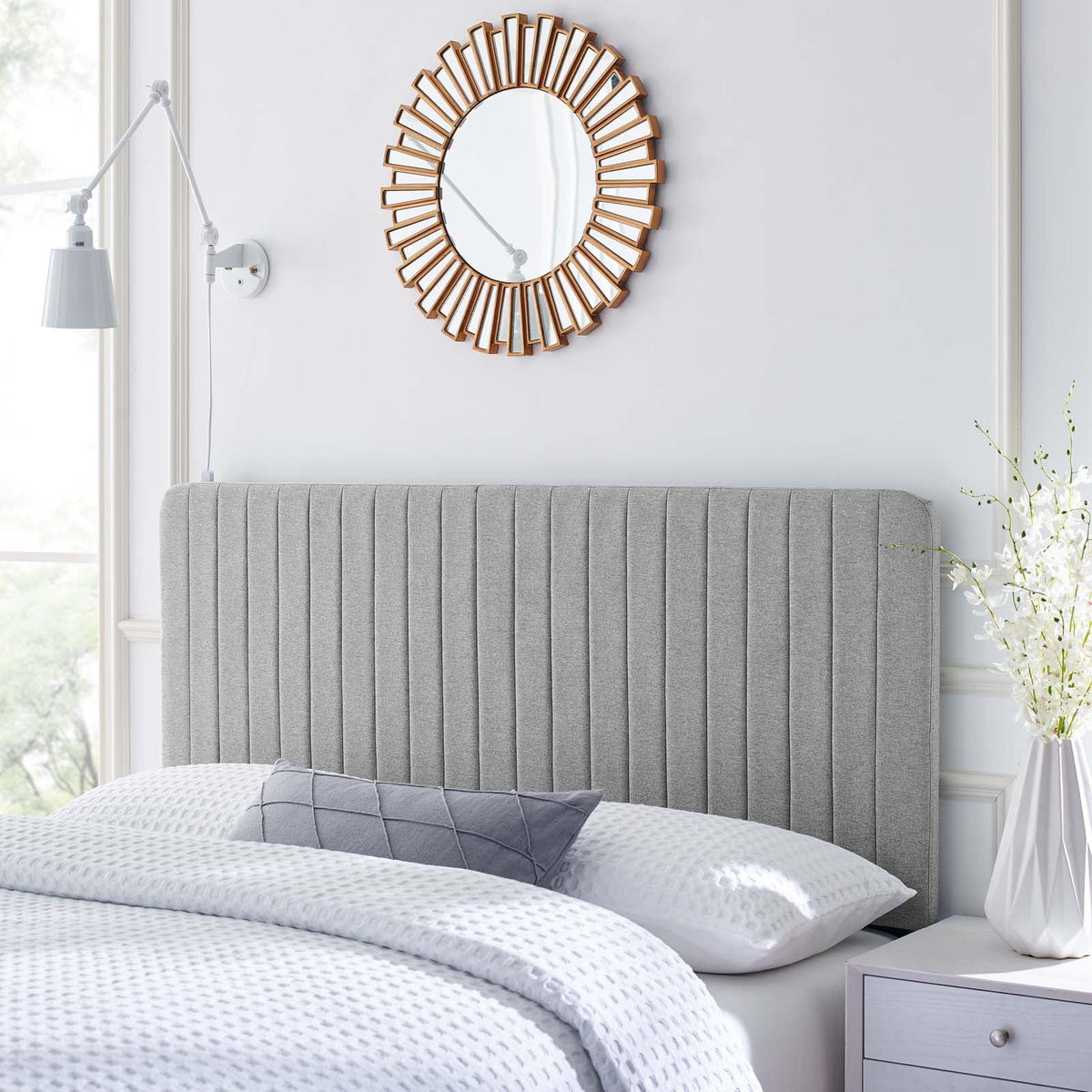 Light Gray Tufted Upholstered Fabric King Headboard K4348
