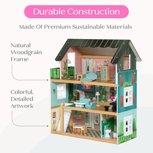 3-Story Dollhouse with 4 Rooms and 16 Accessories J3496