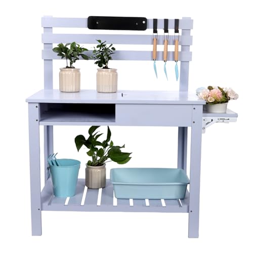 Wooden Potting Bench Table with 3 Side Hook Shelf U38802